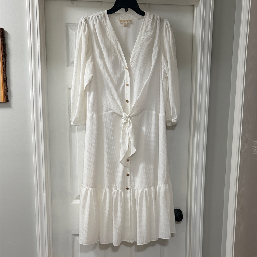 MICHAEL Michael Kors White Button-Front Tie-Waist Midi Dress